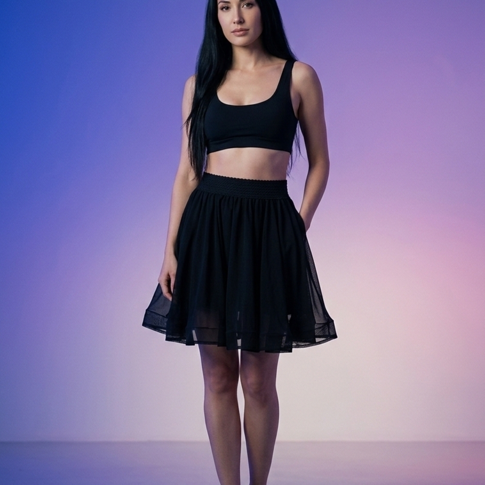 WILDCAT🐆FASHION Black SkaterSkirt with Rouched Elastic Waist/COOL FLOWY HEM SzL
